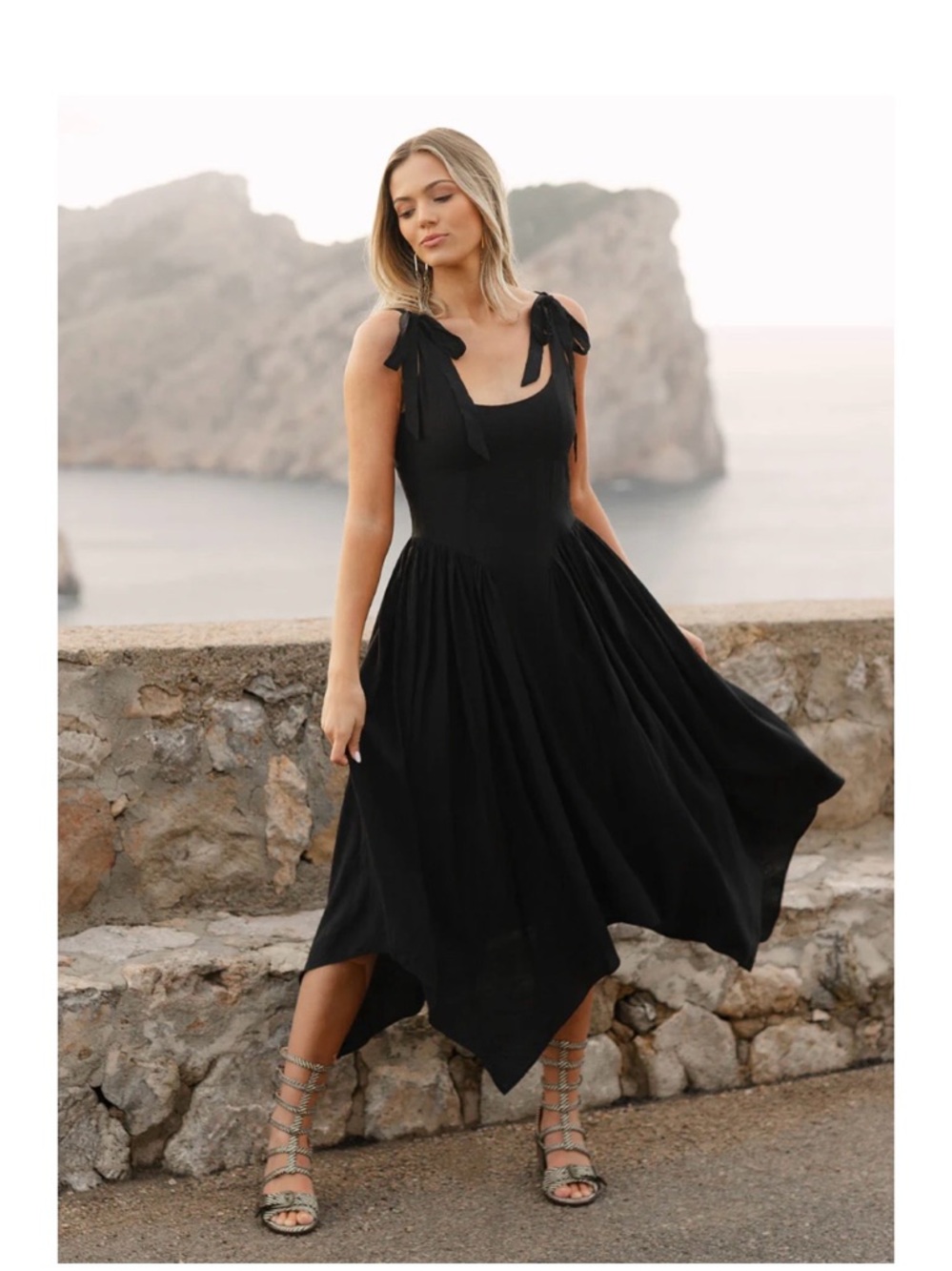 Joyfolie Black Tie-Shoulder Handkerchief Hem Midi Dress - Picture 2 of 3